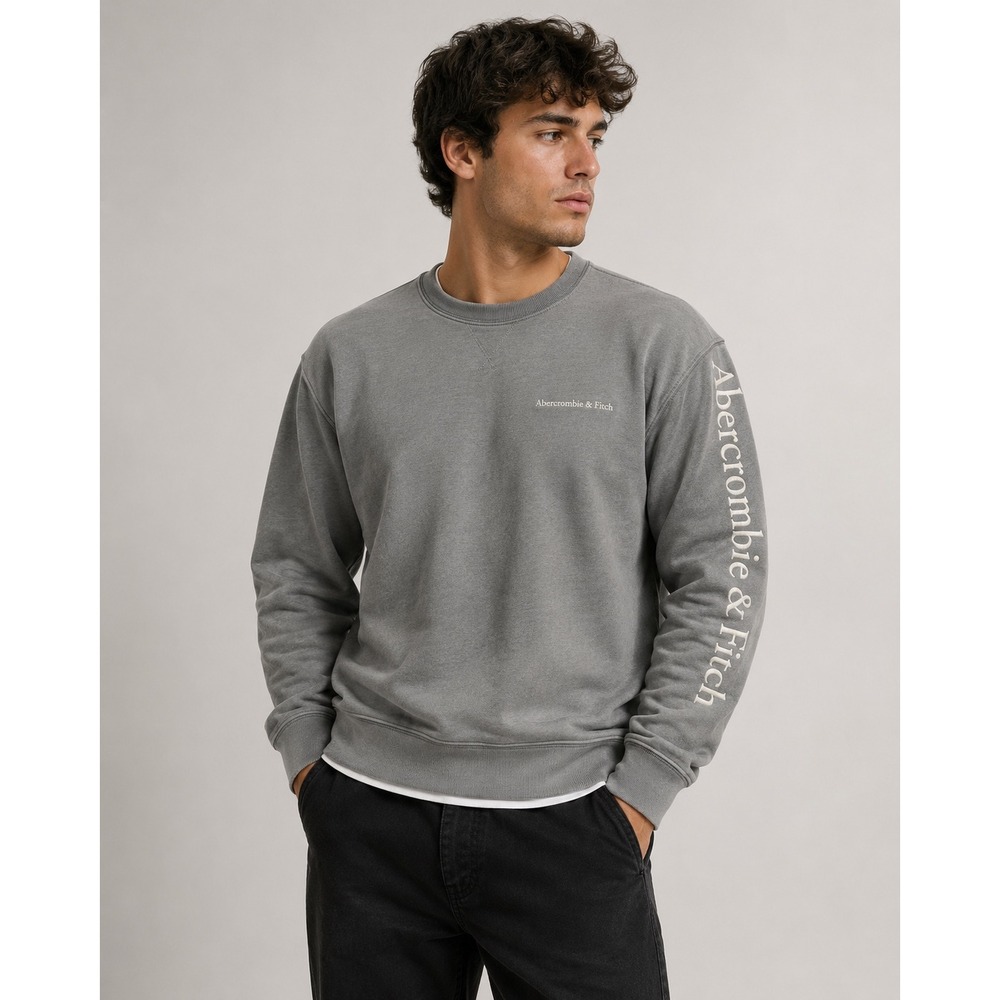 Abercrombie Fitch Crewneck Sweatshirt Gray Logo Sleeve‎ Spellout Men's L |C1